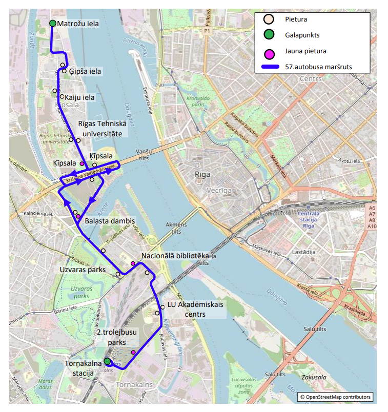 Karte ar Rīgas centru un Pārdaugavu, kurā iezīmēts 57. autobusa maršruts zilā līnijā. Maršruts sākas Matrožu ielā (galapunkts), ved caur Ķīpsalu (Rīgas Tehniskā universitāte, Ķīpsalas iela), tālāk gar Balasta dambi, Nacionālo bibliotēku, LU Akadēmisko centru, 2. trolejbusu parku un noslēdzas Torņakalna stacijā (galapunkts). Kartē atzīmētas pieturas, galapunkti un jaunā pietura, attēlota arī Daugava, tilti un apkaimju nosaukumi; pamatkarte no OpenStreetMap.